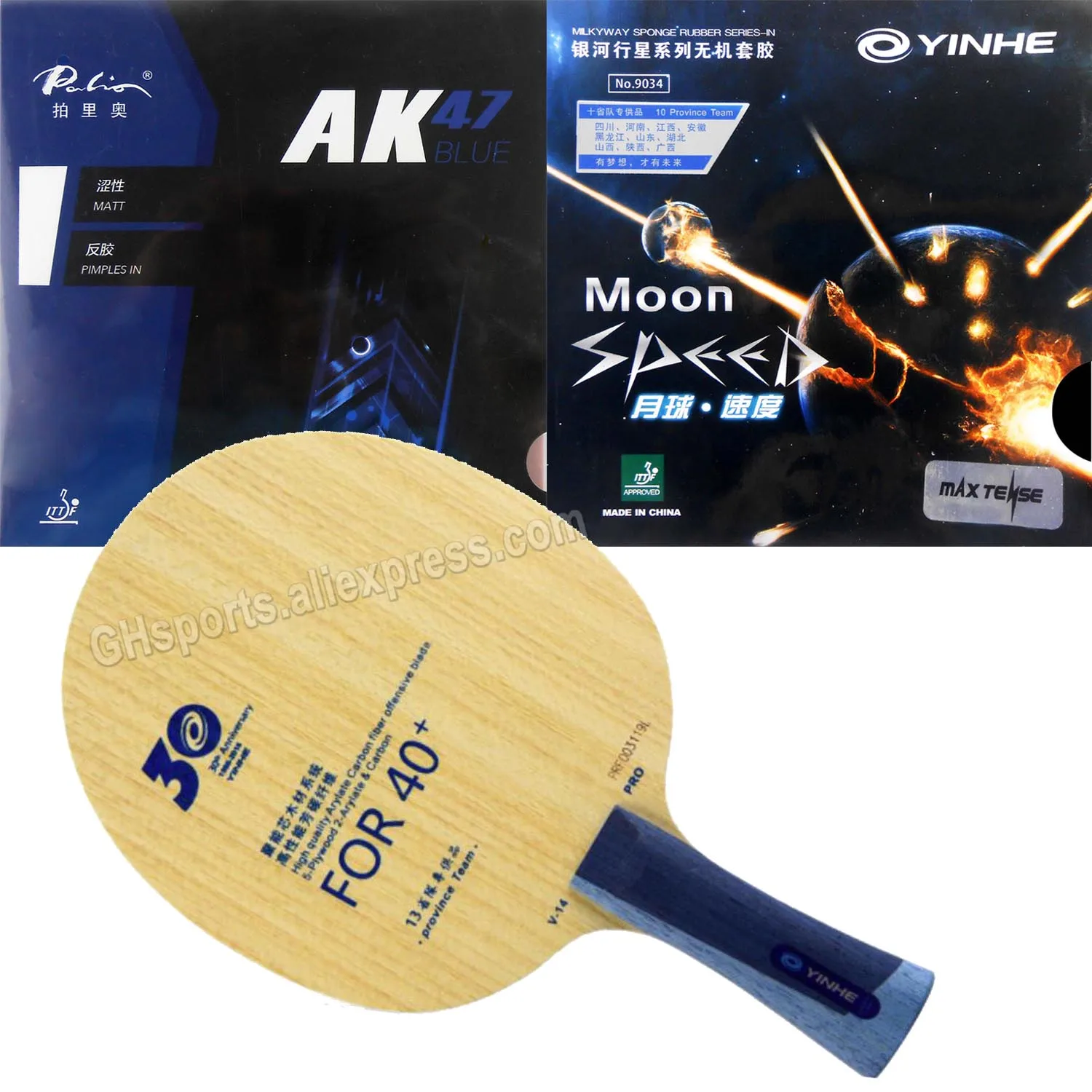 

Pro Combo Racket YINHE V14 V-14 pro blade with Palio AK 47 AK47 BLUE Matt and YINHE moon speed Rubber With Sponge