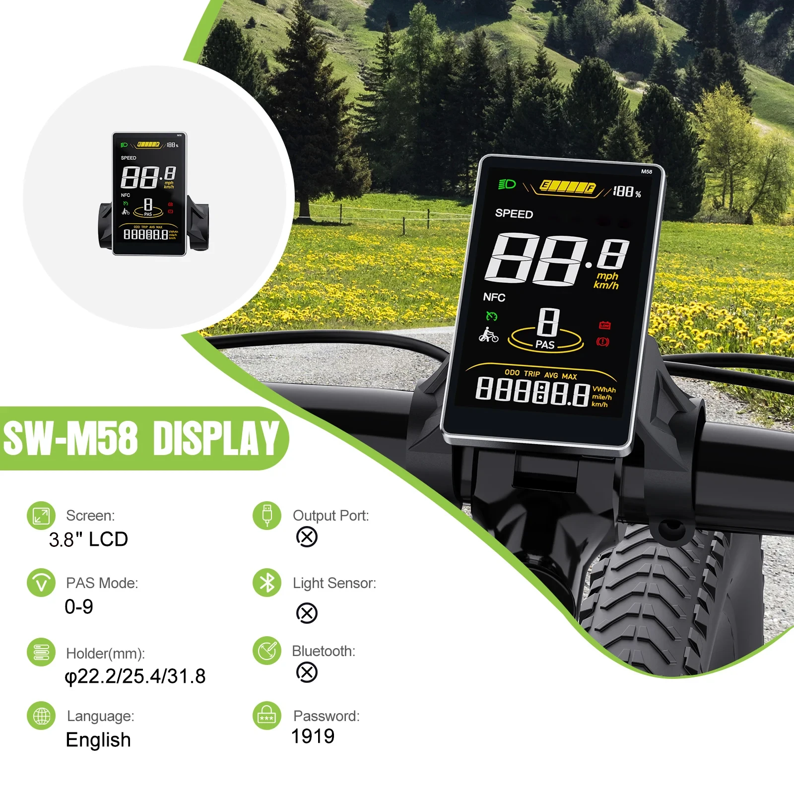 E-Bike Display SW2-M58 für BAFANG BBS01 BBS02 BBSHD UART Motor 3,8 Zoll LCD-Bildschirm 9PAS E-Bike Tacho Wasserdicht 5PIN Buchse – Detail 1