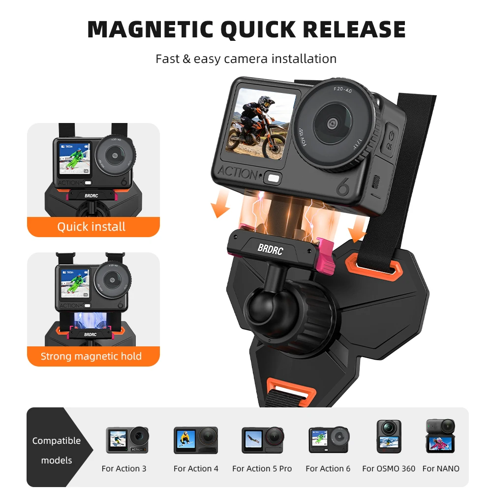 BRDRC Motorcycle Helmet Mount Strap Flodable Front Chin Mount for DJI Action 6 5 Pro 4 Osmo 360 Camera Riding Gear Accessories