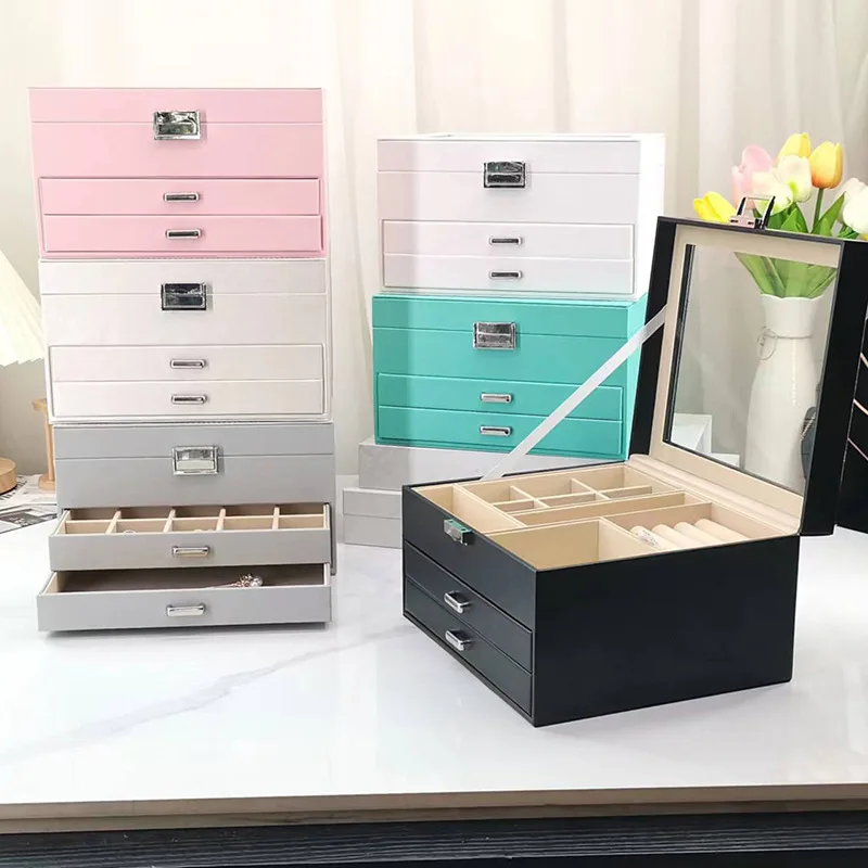 3 Layer Leather Jewelry Box Organizer Travel Storage For Case for Women Earrings Necklaces Rings Bracelets Display Holder