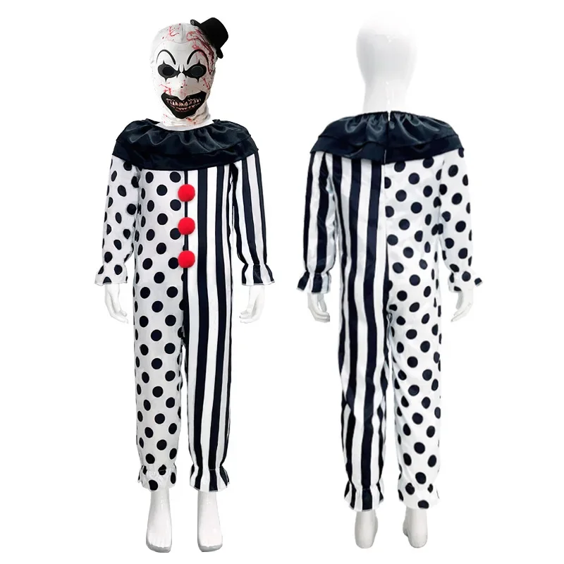 Kids Cosplay clown Joker kostuum met masker hoed Terriifier jumpsuit Halloween horror bodysuit kunst de clown pak set Jongens Meisjes