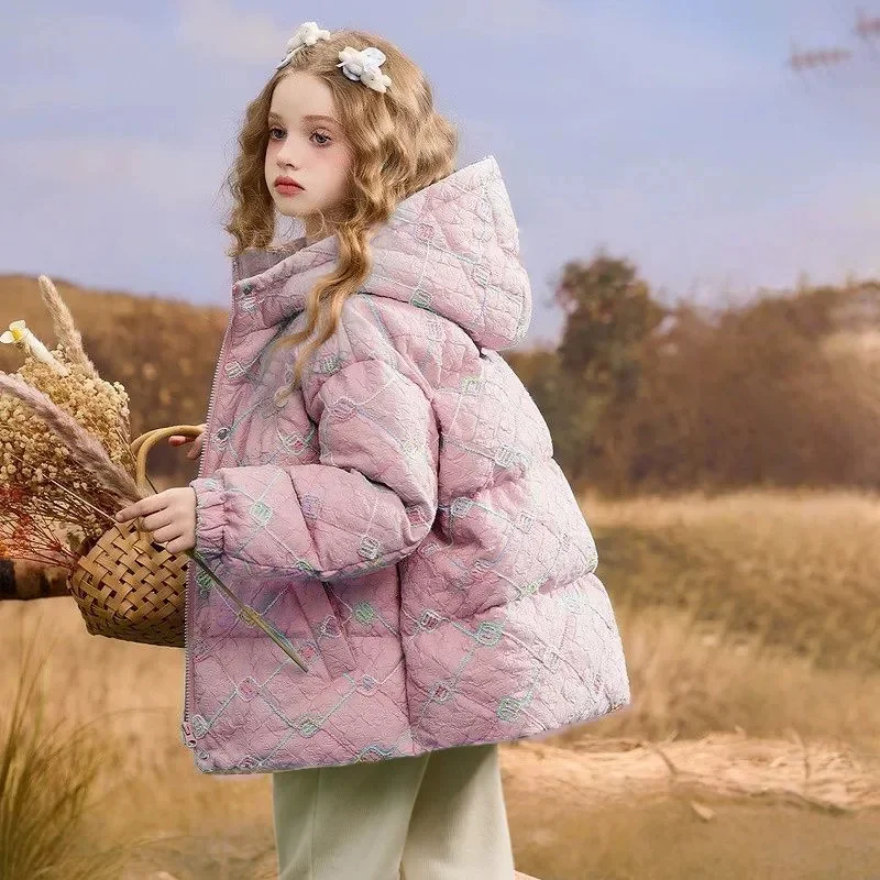 5-12 Year Girls' Floral Down Cotton Jacket Winter New Style Children's Hooded Bread Coat Princess Thicken Parka 120-170cm