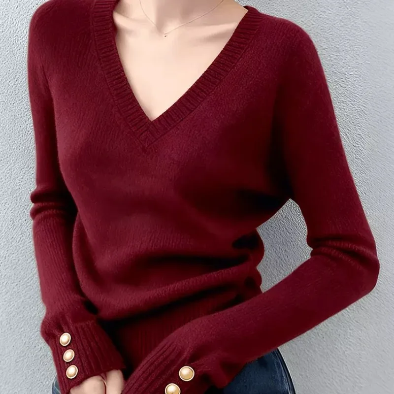 AOSSVIAO Autunno Inverno Maglione da donna con scollo a V maniche lunghe abbottonato Solido elegante pullover casual Stile coreano Strato di base Top