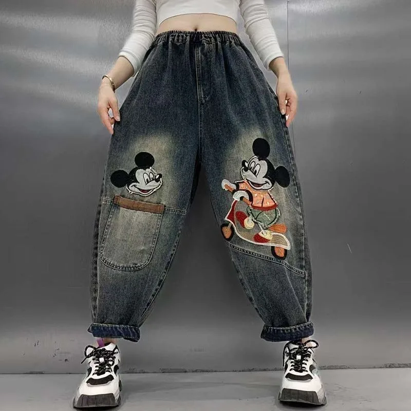 

hoodies Women's New Vintage Mickey Patch Denim Jeans Elastic Waist Loose Cartoon Embroidered Harem Dad Pants Cropped Trousers