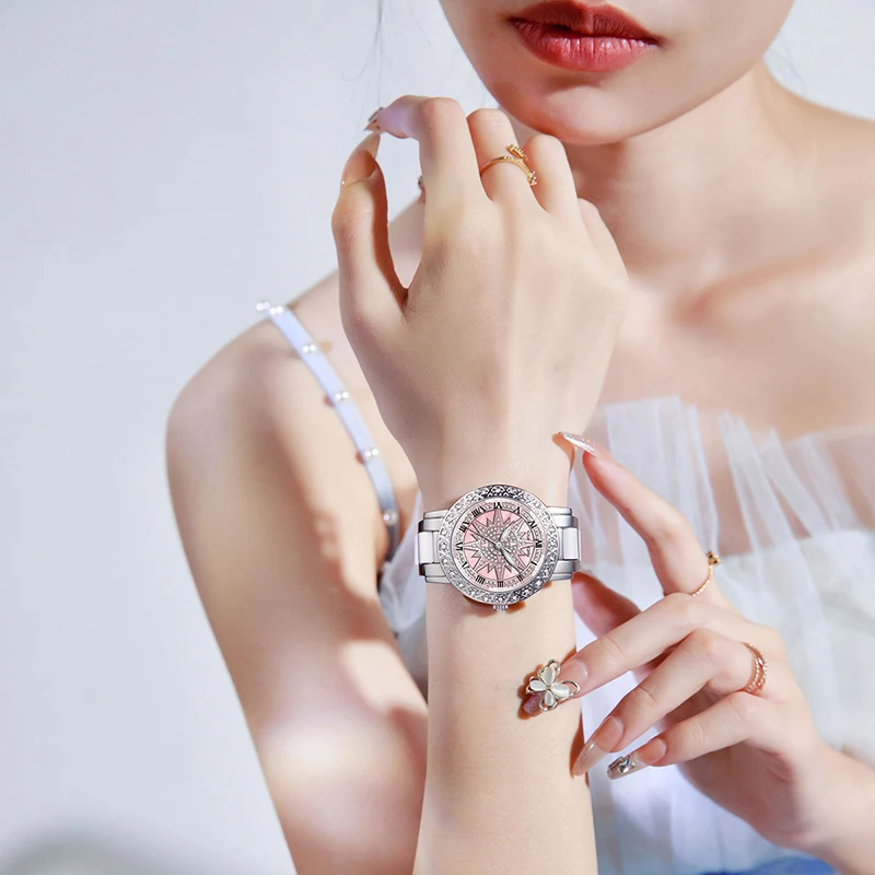 GUANQIN Luxury Women's Quartz Watch Rotating Snowflakes Luminous Hands Leisure 30M Waterproof Watch for Lady for Gifts