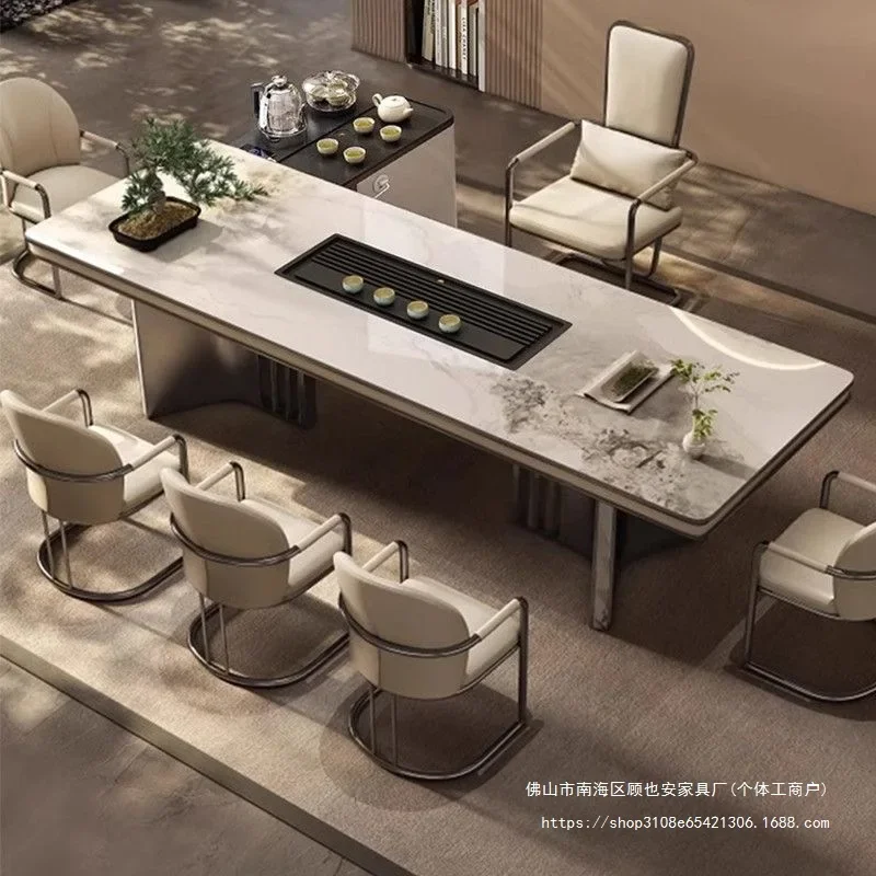 Modern light luxury rock slab tea table and chair combination office tea table kettle integrated feeling