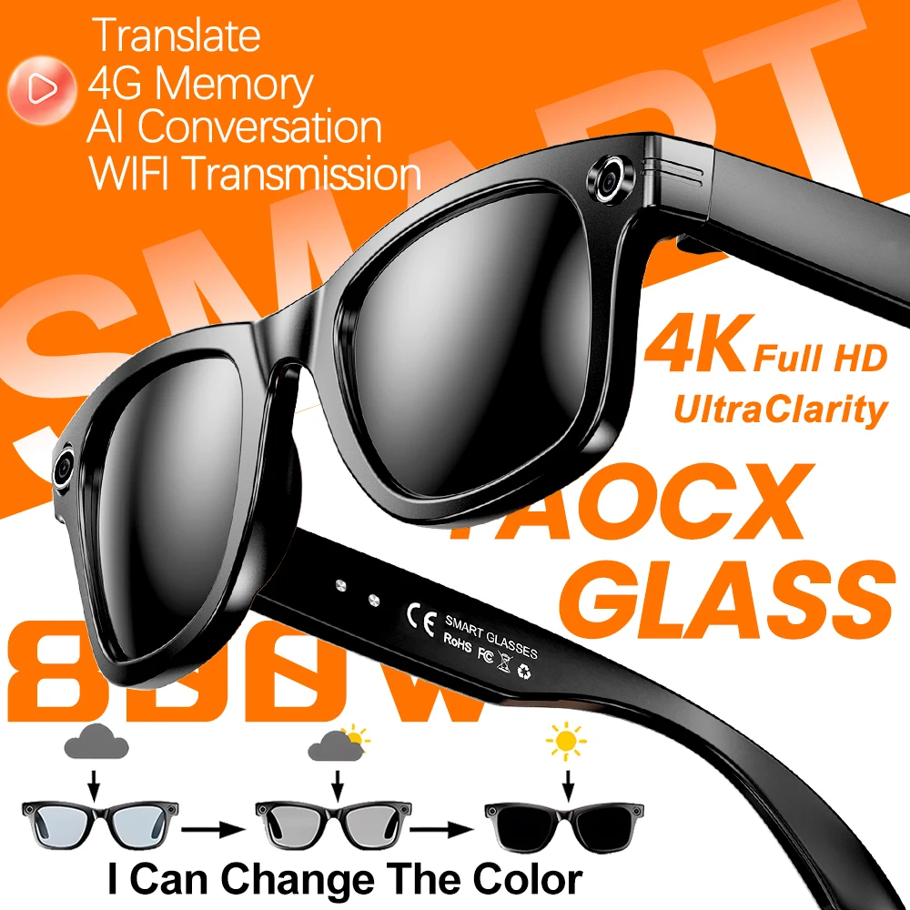 

2026 New Smart AI Camera Glasses 800W Color-Changing Men Translation Glasses Waterproof Call Photo Video Recording Sunglasses