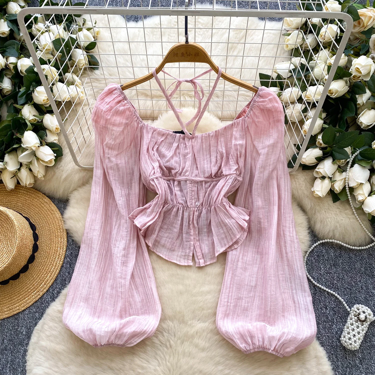 

Chic Long Sleeve chiffon slash neck halter basics Elegant Fashion Sexy Shirt Spring Summer Women Blouse Women