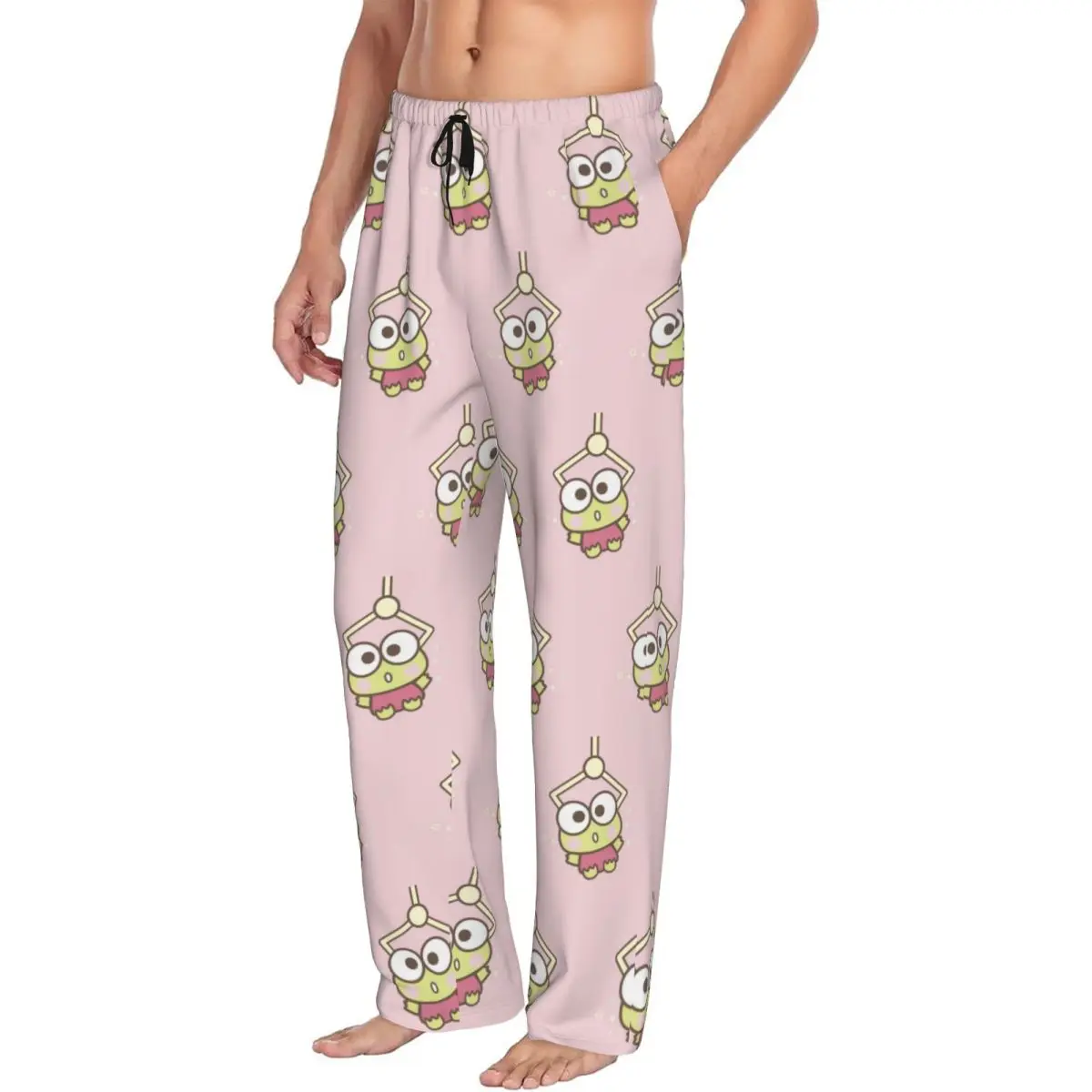 Custom Keroppi Pink Pajama Pants for Men Animation Comic Lounge Sleep Drawstring Sleepwear Bottoms with Pockets