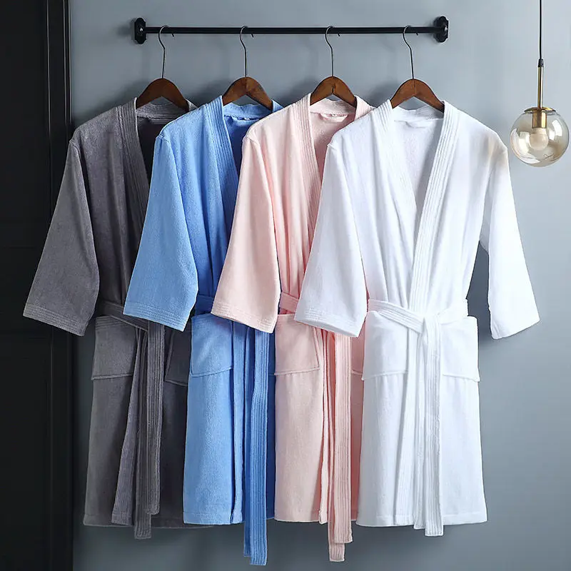 100%Cotton Long Thick Absorbent Terry Bath Robe Kimono Men LightWeight Waffle Towel Bathrobe Solid Sleepwear Women Dressing Gown
