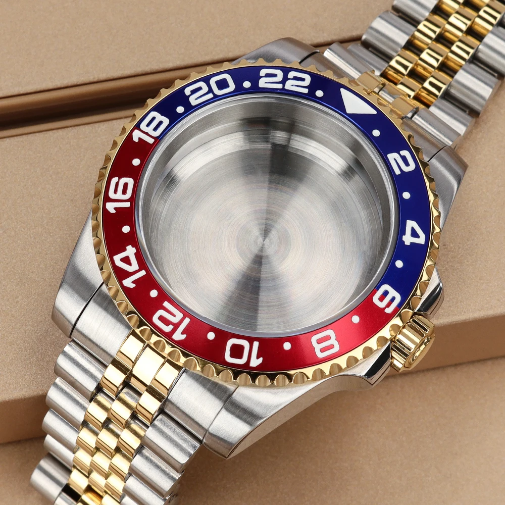 Silver Gold 40MM GMT Watch Case High Quality Sapphire Glass For NH35 NH36 NH38/34 Miyota 8215 ETA2824 Movt 316L Steel Watchbands