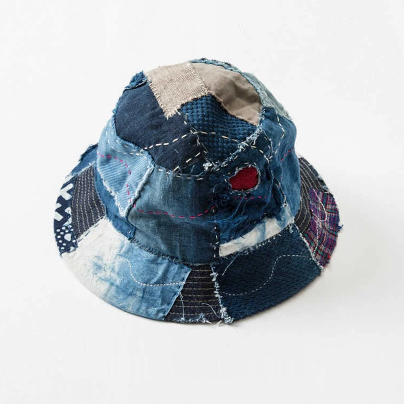 

Original Handmade Blue Dyed Patchwork Ragged Fisherman Hat for Men and Women Japanese Vintage Style Basin Cap