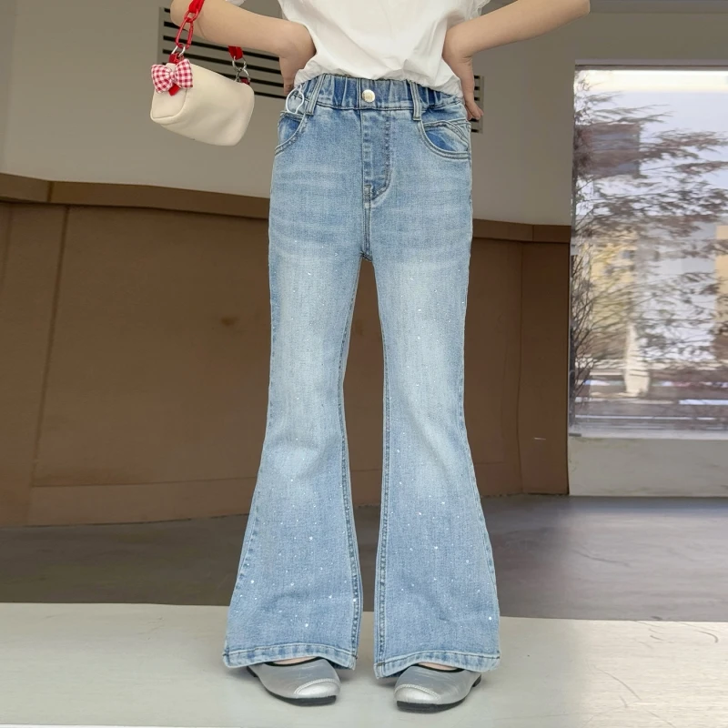 Girls Rhinestone Flare Jeans Spring Autumn Elastic Waist Stone Wash Denim Bell Bottom Pants Kids Vintage Trousers For 6‑16 Years