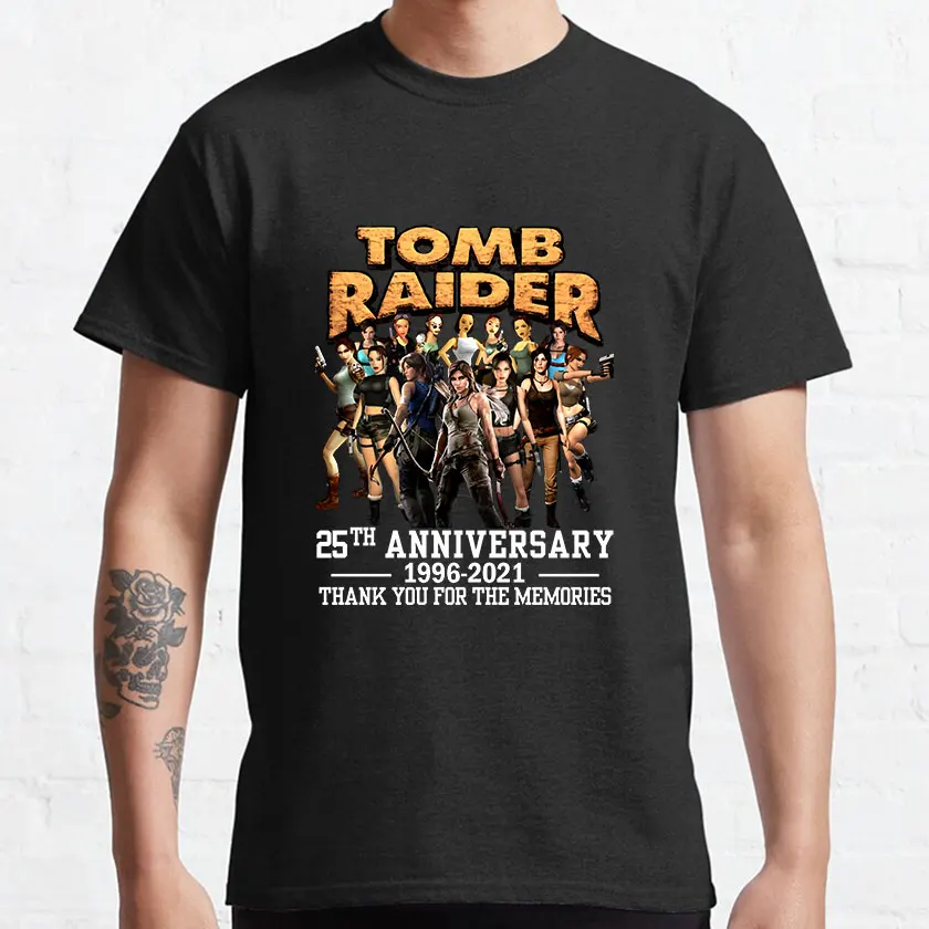 Vintage Tomb Raider Raider Lara Croft explorer 90s Men's clothing Retro Video game 100% Cotton printed T Shirt for men 6XL Tops