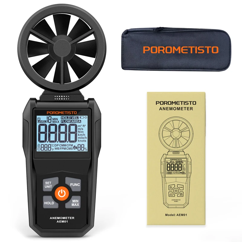 POROMETISTO AEM01 올인원 풍속계 휴대용 풍속계 풍속 유량 온도 습도 측정기 LCD 백라이트 포함