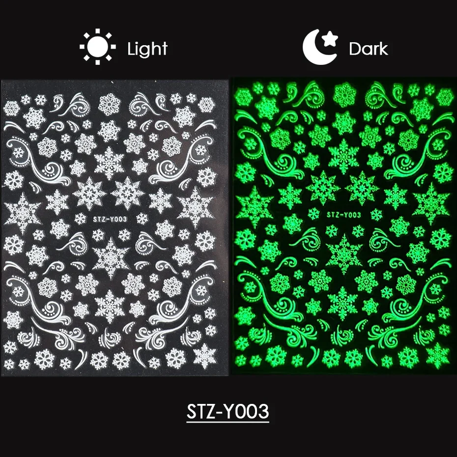 Glow in the Dark Xmas Luminous 3D Stickers Winter Snowflake Holiday New Year Sliders on Nails Art Accessories Decals BESTZY01-18