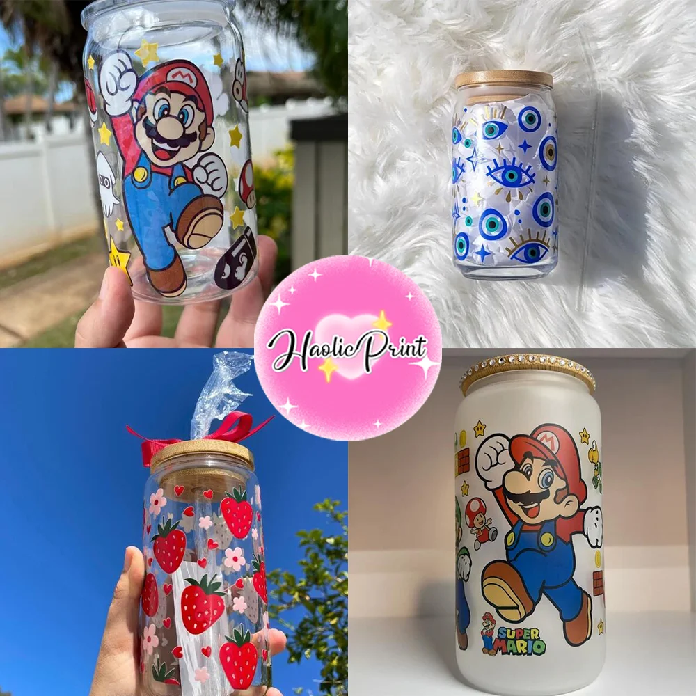 Mini Super Mario Bros UV DTF Cup Wrap For 16oz Libbey Beer Glass Can Cup Wrap DIY Sticker Cartoon Selfadhesive Washable DIY