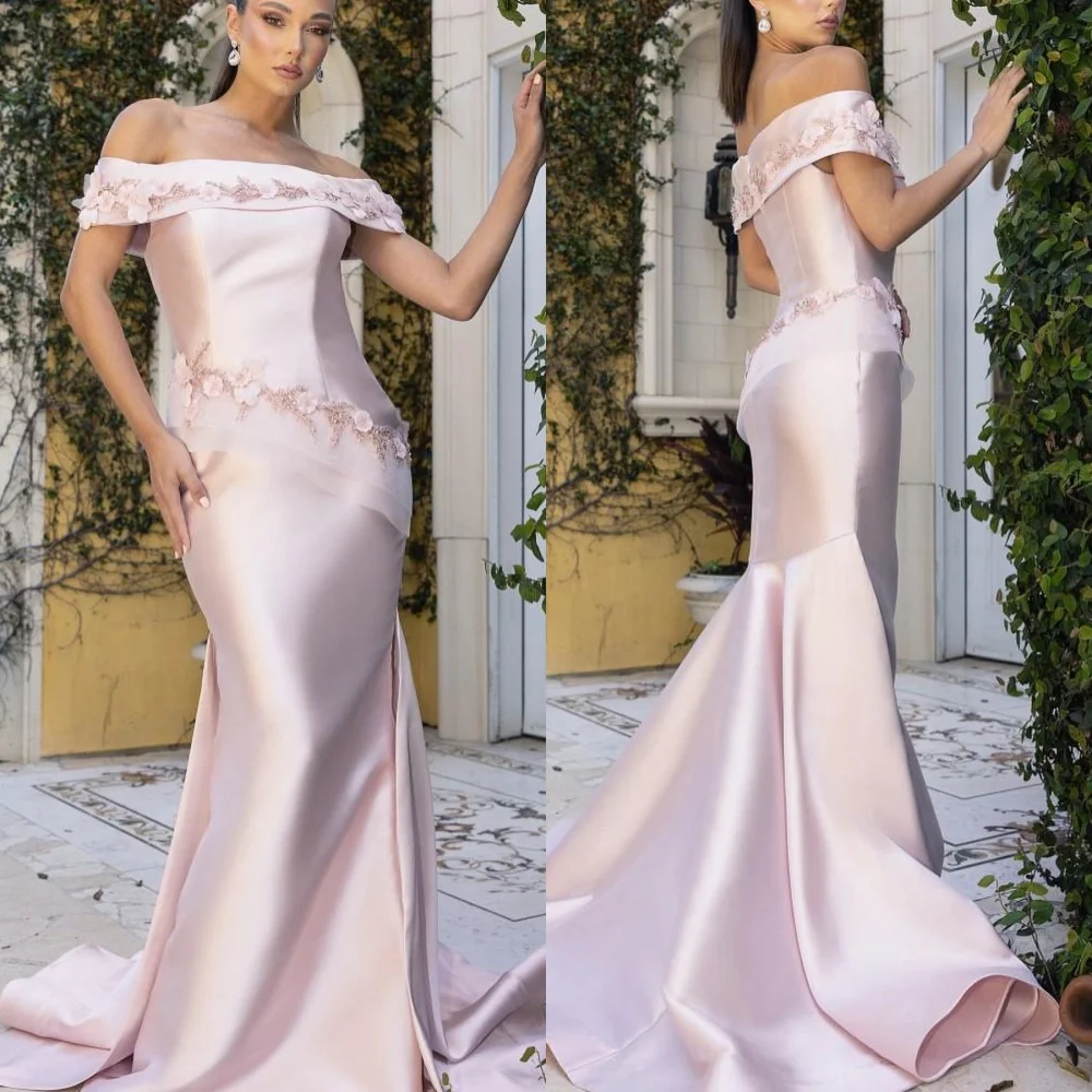 

Customized Modern Style Charmeuse Sequined Pleat Trumpet Off-the-shoulder Long Dresses Bespoke Occasion Sexy