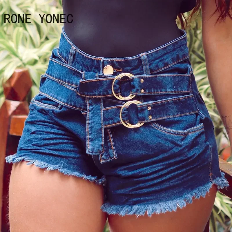 2023 Women Solid Casual Multi Bandage O-ring High Waist Pocket Denim Shorts