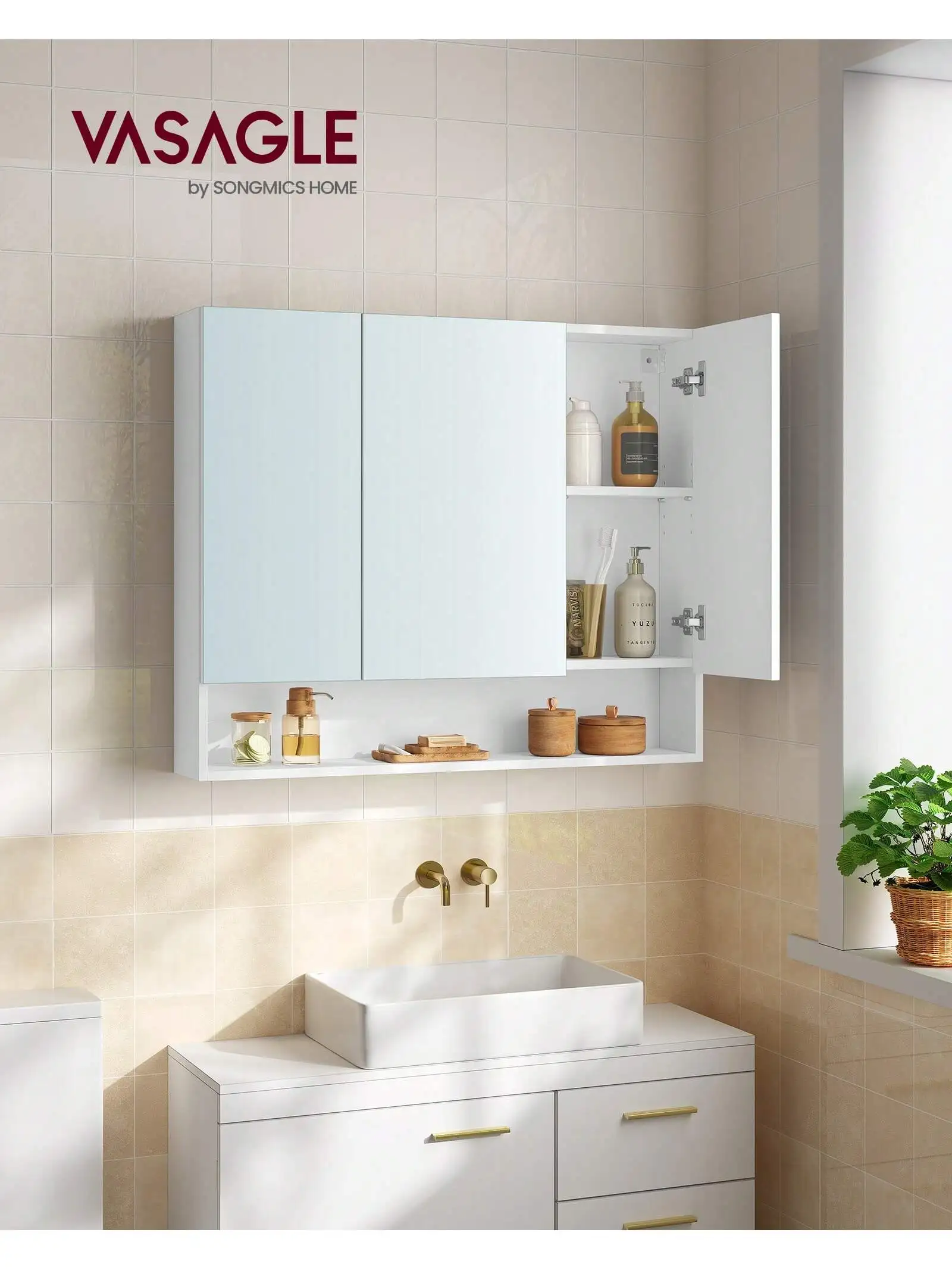 VASAGLE Bathroom Mirror Cabinet, Wall Cabinet, 16.5x90x75 cm, Adjustable Shelves, Cloud White