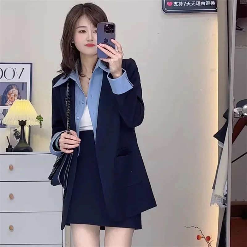 

Spring Autumn Female High Waist Skirts 2PCS Korean Women Fashion Fake Two Piece Outfit Ladies Splicing Tops Skirt Two Piece Set