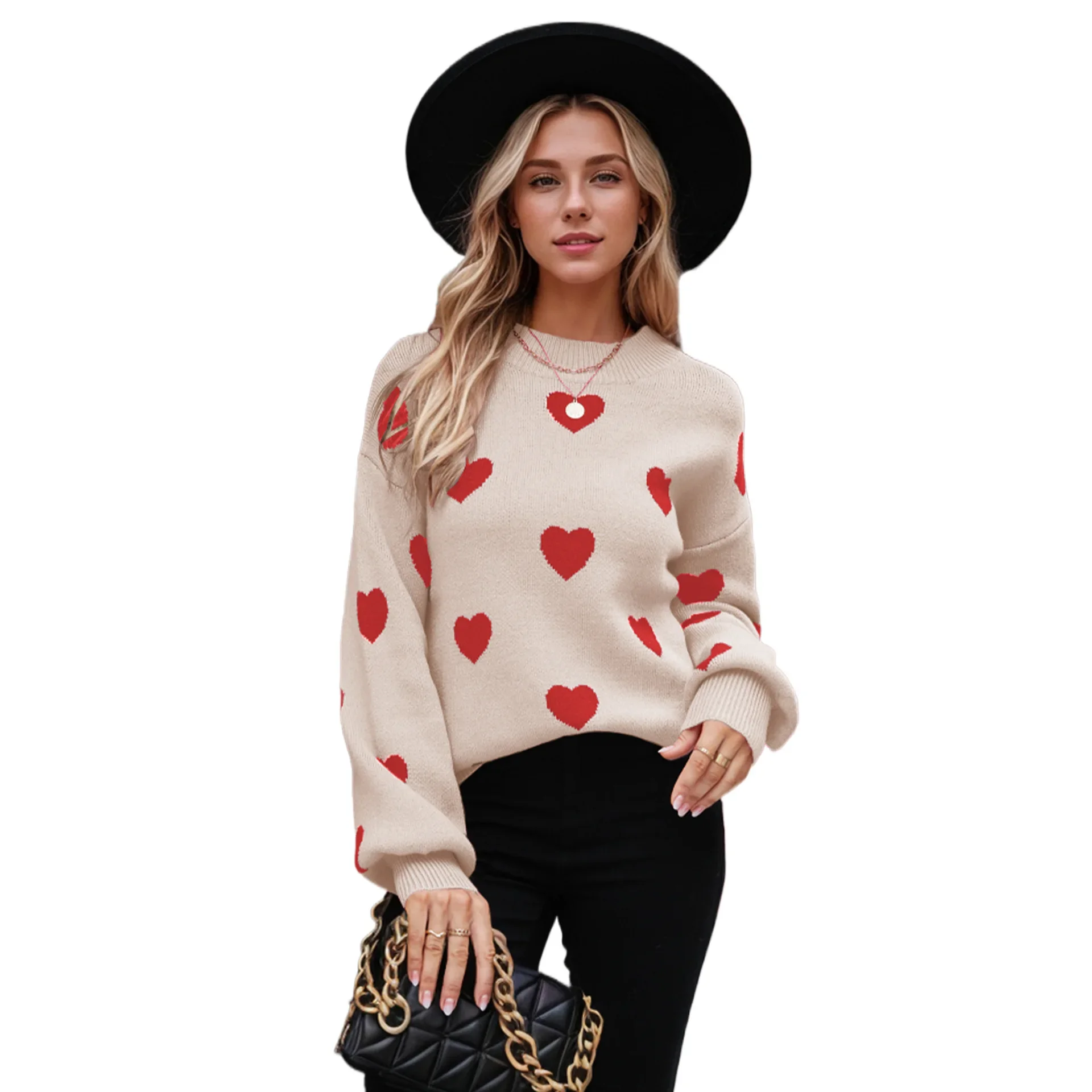 Fashion Heart Pattern Round Neck Long-sleeved Pullover Sweater, Women's Autumn and Winter New Loose Spell Color Knitted Sweater