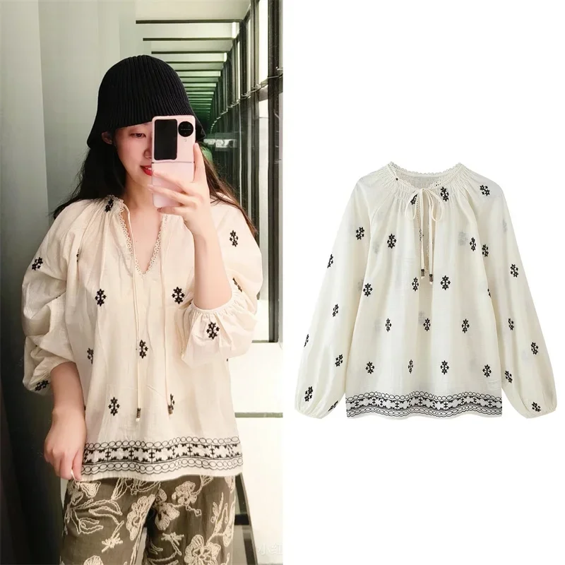 

Женская блузка, новый летний белый пуловер с длинными рукавами и вышитой отделкой, повседневная модная индивидуальная универсальная блузка
