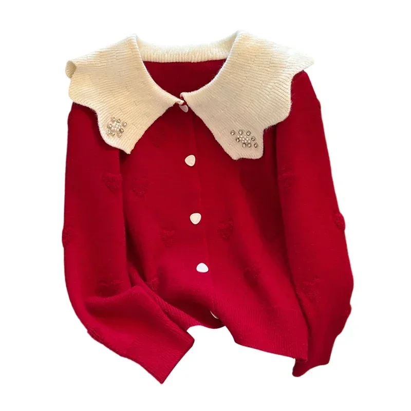 Red White Contrasting Peter Pan Collar Cardigans Women Korean Fashion Knitwear Sweet Sweater Coat Chic Heart Button Top