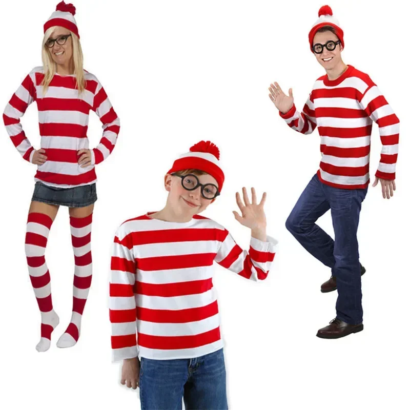 Wheres Waldo Gestreepte Shirt Kids Boys Wally Kostuum Shirt Bril Hoed Sokken Unisex Volwassenen Kerst Halloween Cosplay Kostuum