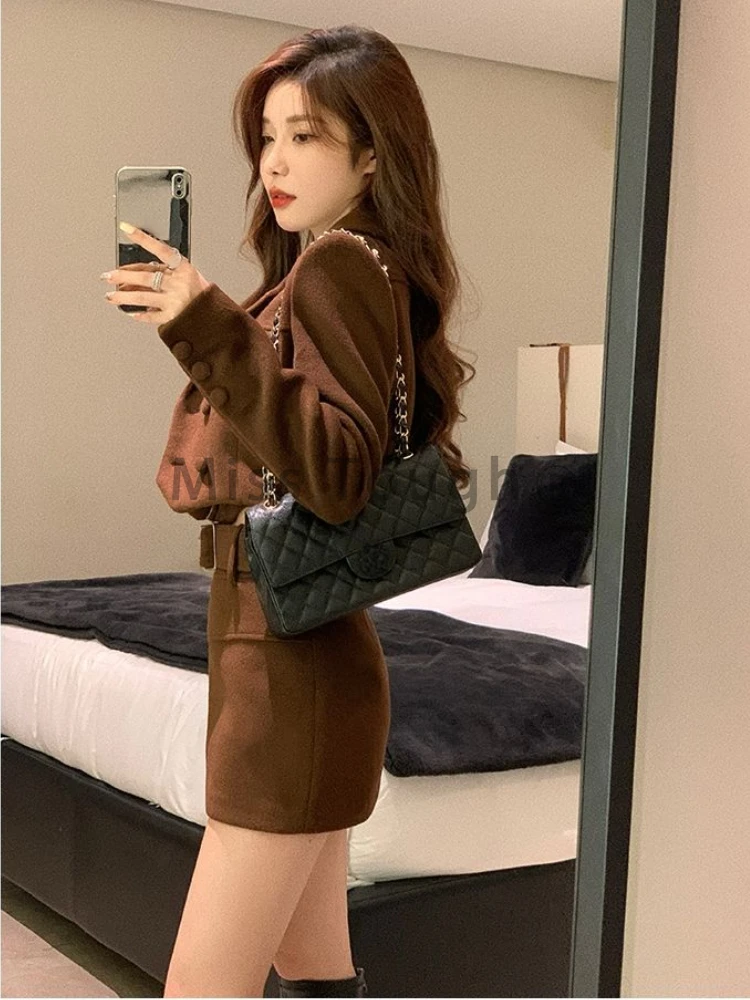 Winter Warm Elegant Strap Skirt Suit Women Brown France Vintage 3 Piece Set Female Korean Fashion Casual Designer Party Set 2023