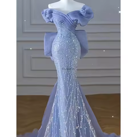Woman's Dress High Dress Off-Shoulder Blue Evening Dress Light Luxury Niche Mermaid Sequin Host Elegant Party Dresses Vestidos