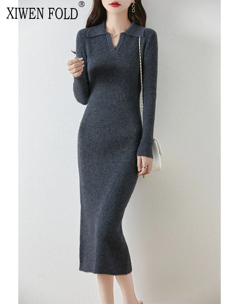 

XIWEN Turn-down Collar Solid Color High Waist Long-sleeve Casual Fashion Slim Women's Dress 2024 Autumn Winter New XF3141