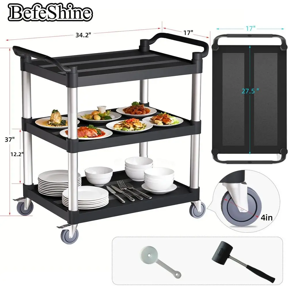 Wózek narzędziowy z wytrzymałego plastiku, udźwig 158 kg, kółka odporne na zarysowania, 3-poziomowy wózek serwisowy do domu, biura, restauracji i magazynu