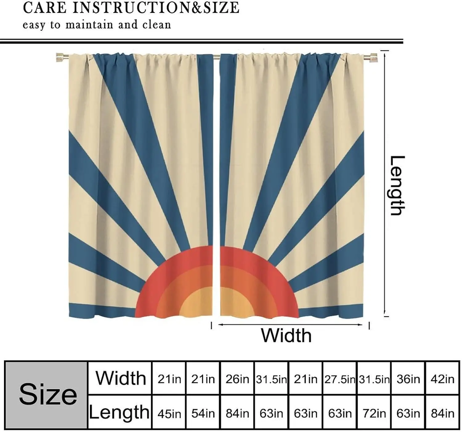 Mid Century Retro Sun Curtains, Navy Blue Radiant Ray Gradient Orange Half Sun Minimal Print Drapes for Bohemian Living Room