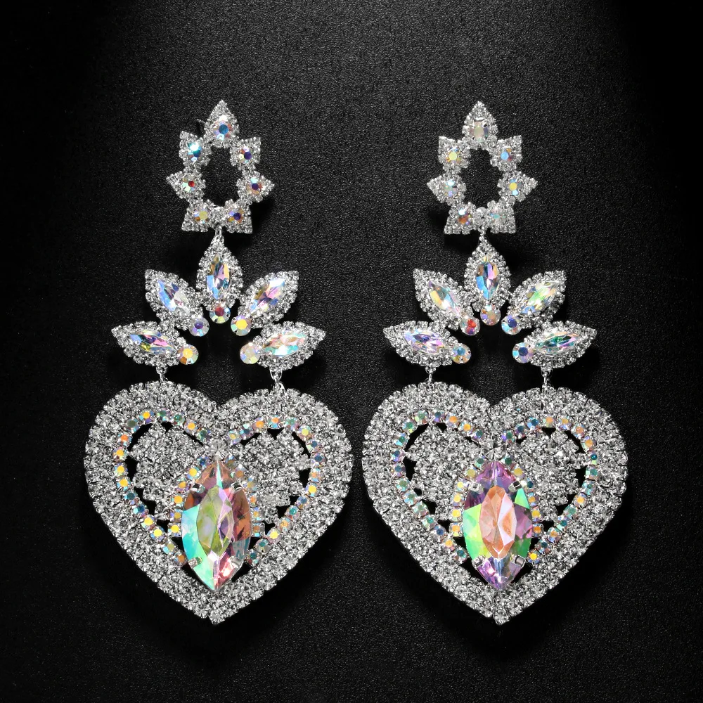 

2026 Tendance Oversize Love Crystal Hanging Earrings Party Gift, Stonefans Exaggerated Heart Dangle Earrings Wedding Accessories