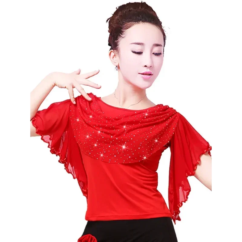 Top damski taniec Latin podstawy Top Girl tancerki Sexy Latin Ballroom Samba Tango taniec Flamenco treningowe t-shirt odzież