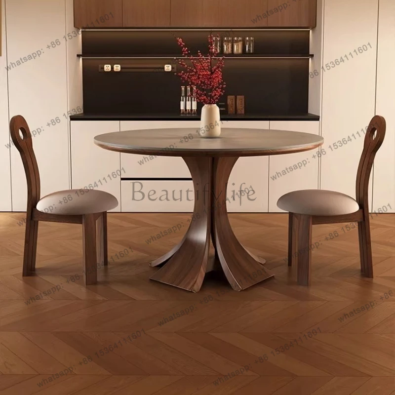 Medieval Style Solid Wood Rock Board Dining Table Chair Combo Set Black Eating Table French Round Table Furniture Minimalist