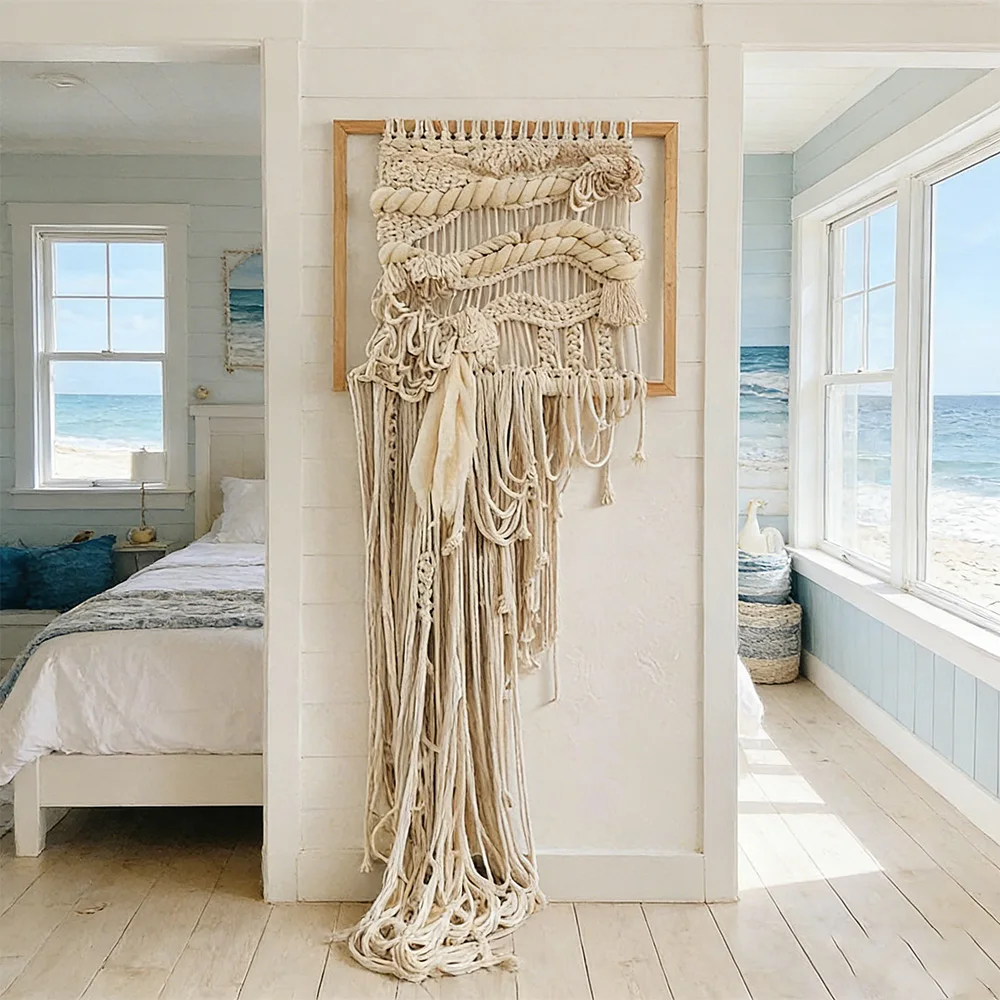 %ss Factory Direct Framed Organic Macrame Wall Hanging Fringe Textile Sculpture for Coastal Bedrooms~*