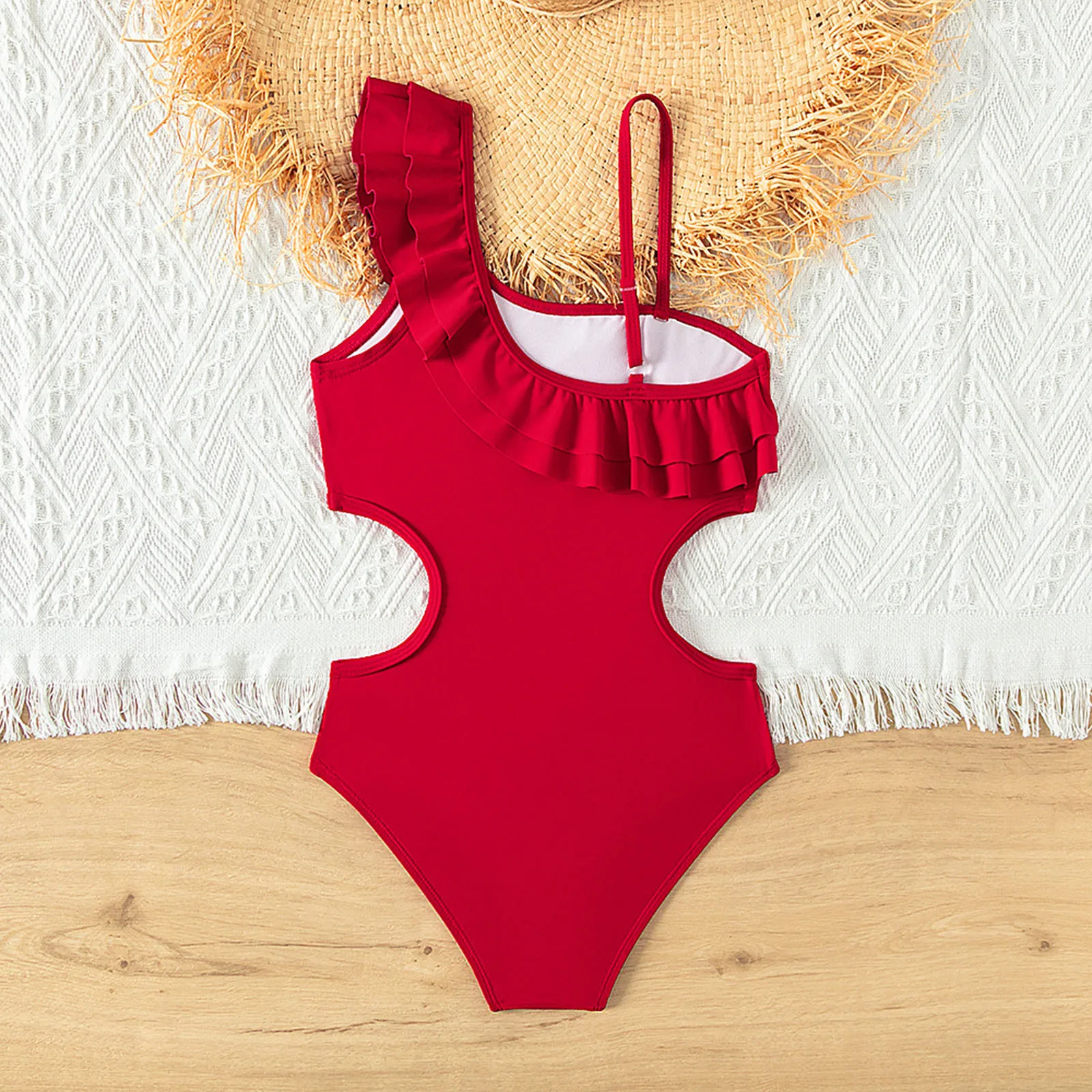 Retro Red Color Teenage Girls Swimsuit One Piece Bikinis 5-14 Year Kids Swimsuit Ruffled Side Hollow Swimwear Beachwear