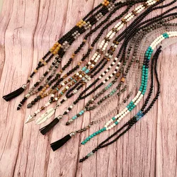 Natural Stone Beaded Necklace For Men Women Long Black Fringe Pendants Necklace Handmade Jewelry