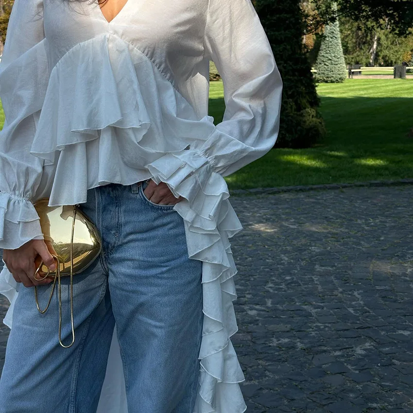 Chemise asymétrique à volants et col en v pour femme, Design sens du tempérament, mode pour les déplacements, nouvelle collection automne 2025