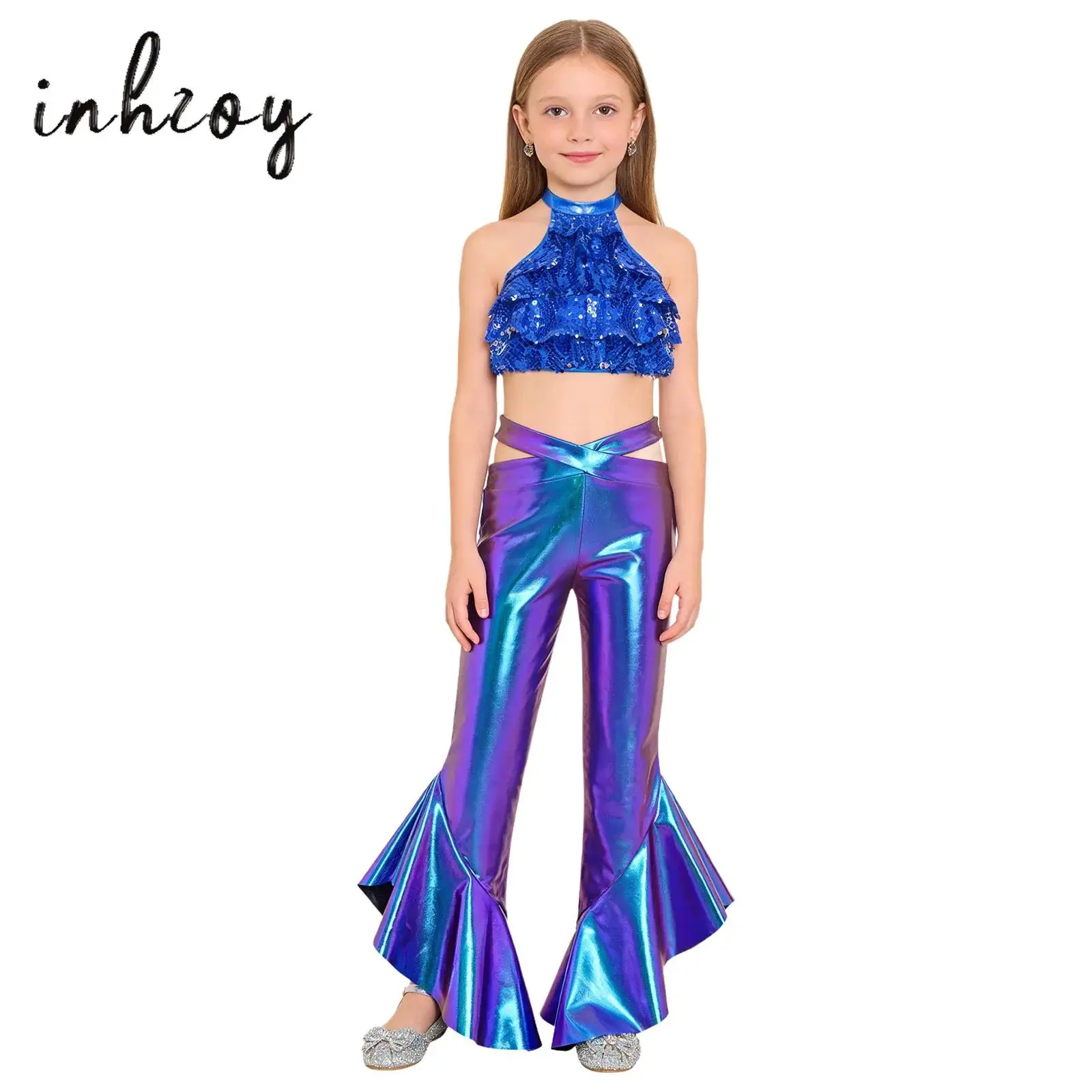 

Kids Girls Metallic Shiny Hip Hop Jazz Street Dance Outfit Crop Top with Flare Pants School Show Carnival Disco Latin Costume