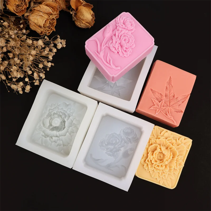Floral Embossed Silicone Soap Mold, Rectangle Peony Chrysanthemum Orchid Maple Leaf Relief Mold DIY Soap Candle Resin Plaster view 3