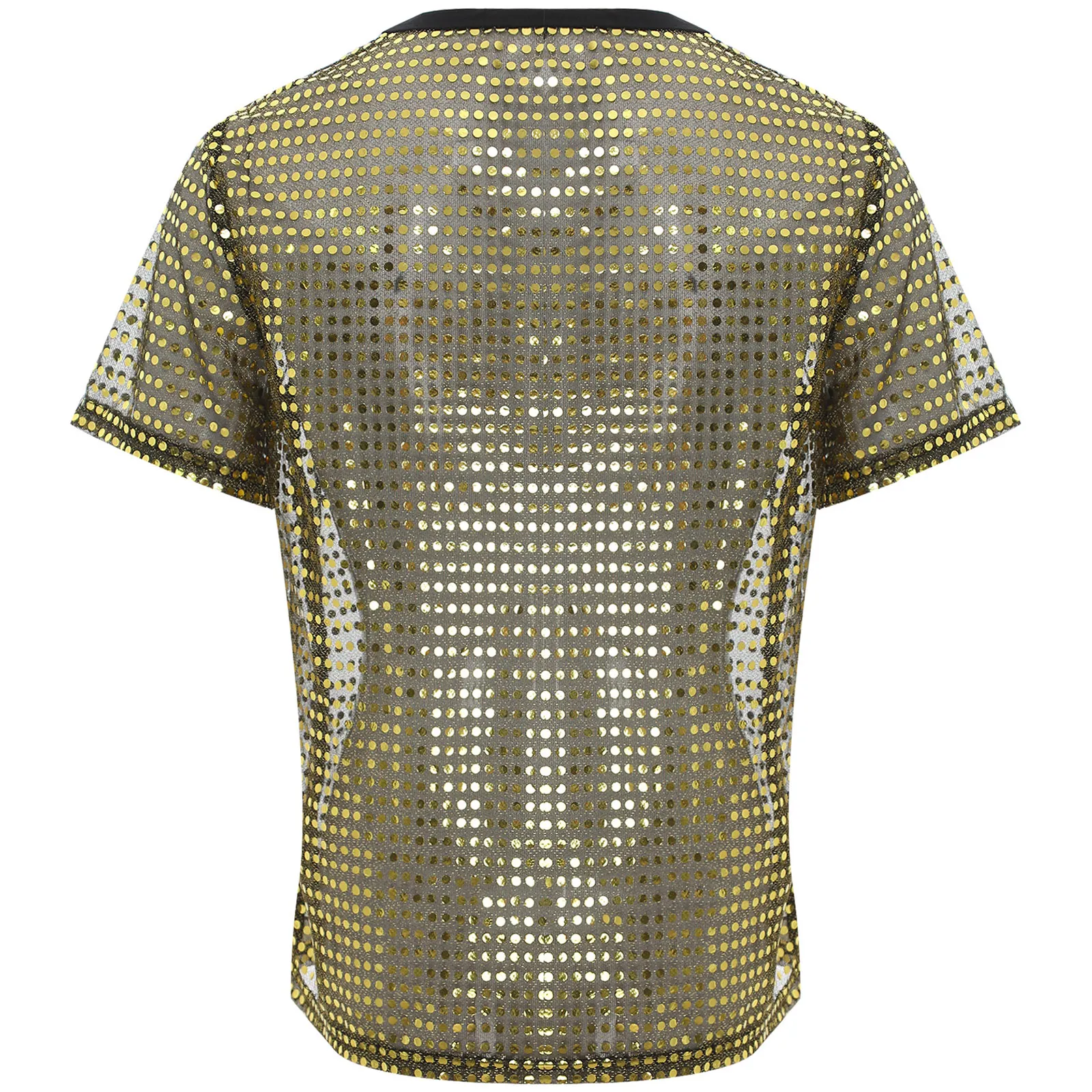 Mens Shiny Sequin Mesh Vintage Tee Top 70s Disco Party Hippie T-shirt Top Short Sleeve Blouse See Through Sheer Classic Clubwear