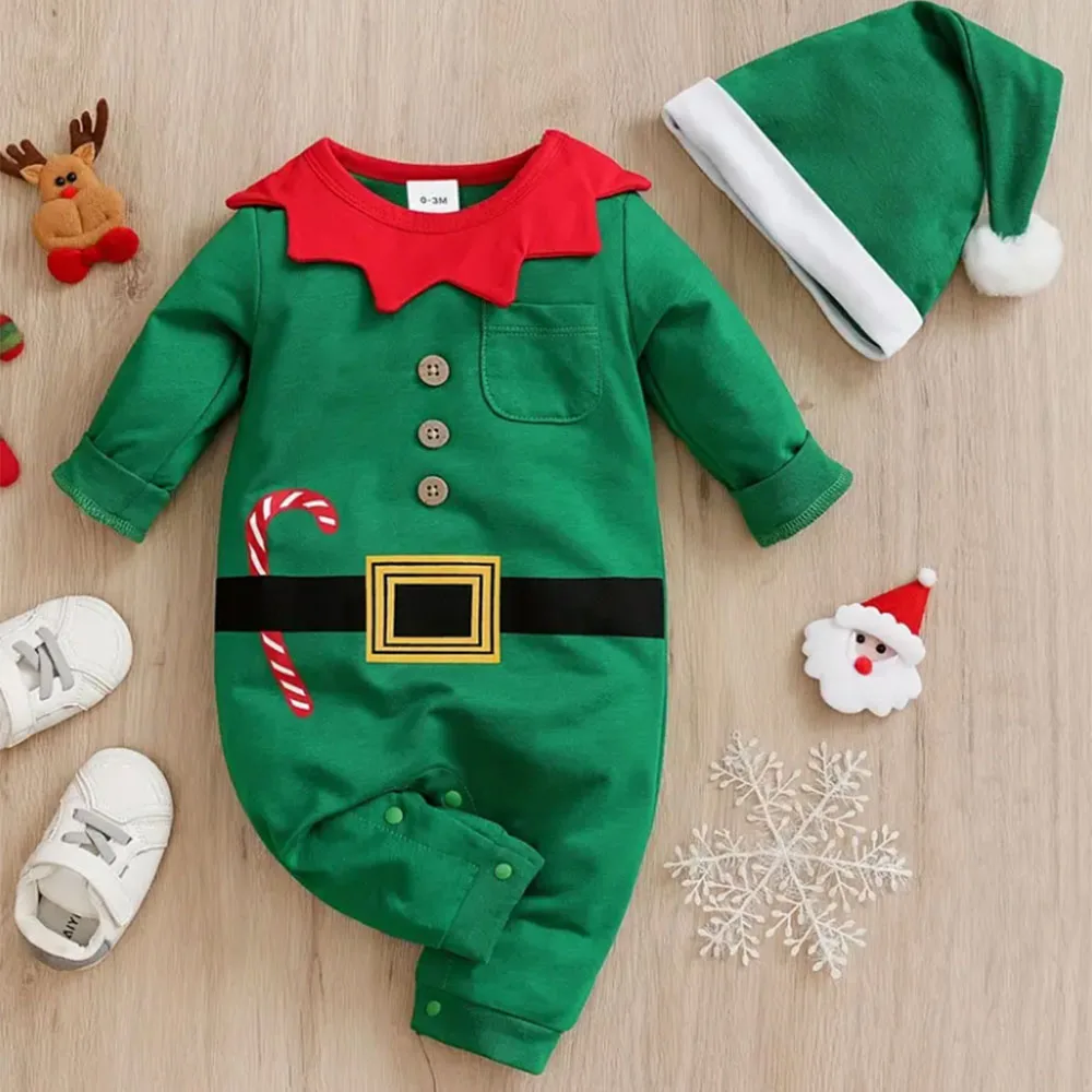Infant and Toddler Boys' & Girls' Spring/Autumn Long-Sleeve Letter Print Christmas Bodysuit with Hat Two-Piece Set
