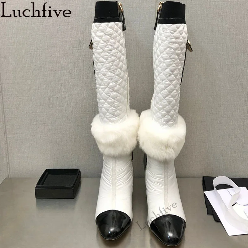 Winter Luxury Knee High Boots for Women Inlay Fur Slim Chunky High Heel Long Boots Winter Sexy Brand Fashion Week Boots Female