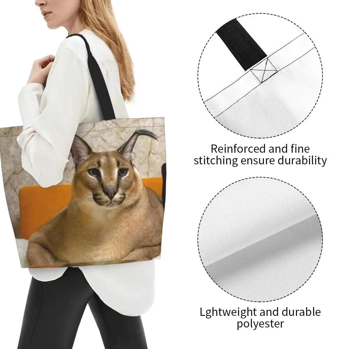 Floppa Cat Funny Meme Grocery Shopping Tote Bag Women Kawaii Caracal Canvas Shoulder Shopper Bags Big Capacity Handbags