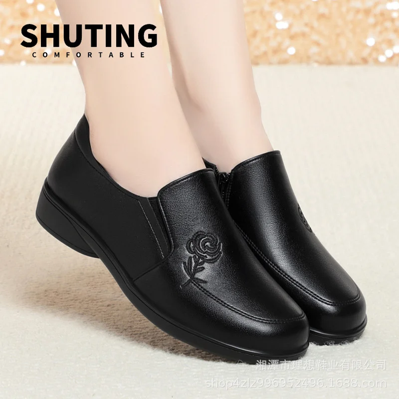 Spring Autumn New Women\'s Flat Shoes Flower Print Round Toe Office Comfortable Anti-slip Casual Thick Sole Black Shoes