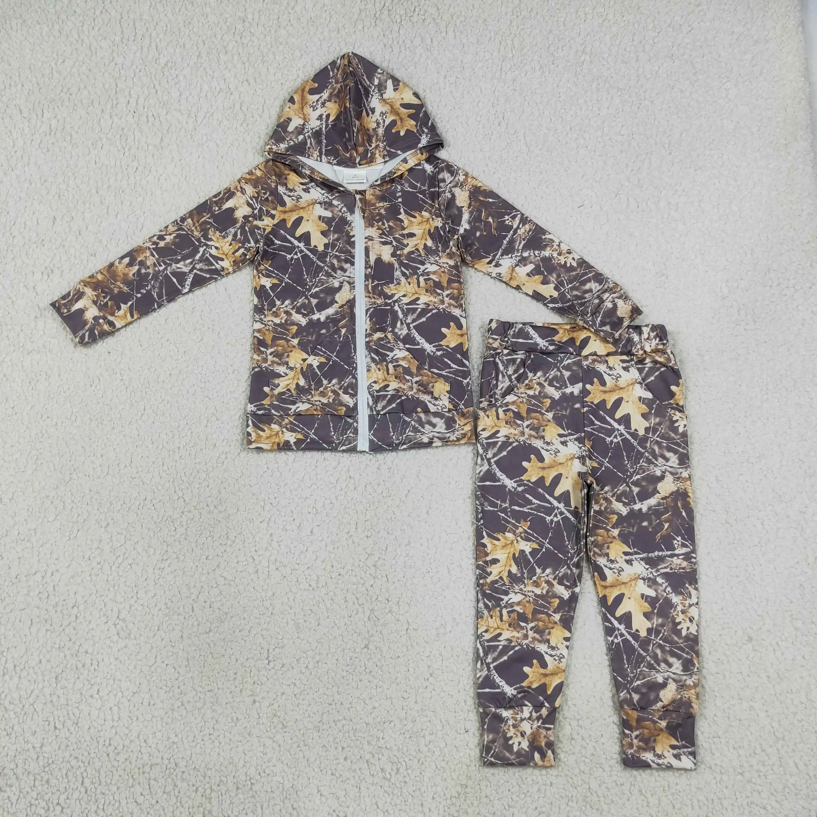 Wholesale Baby Boy Outfit Toddler Kids Long Sleeves Hoodie Pockets Zipper Cardigan Coat Leaves Pants Boys Children Set Clothes