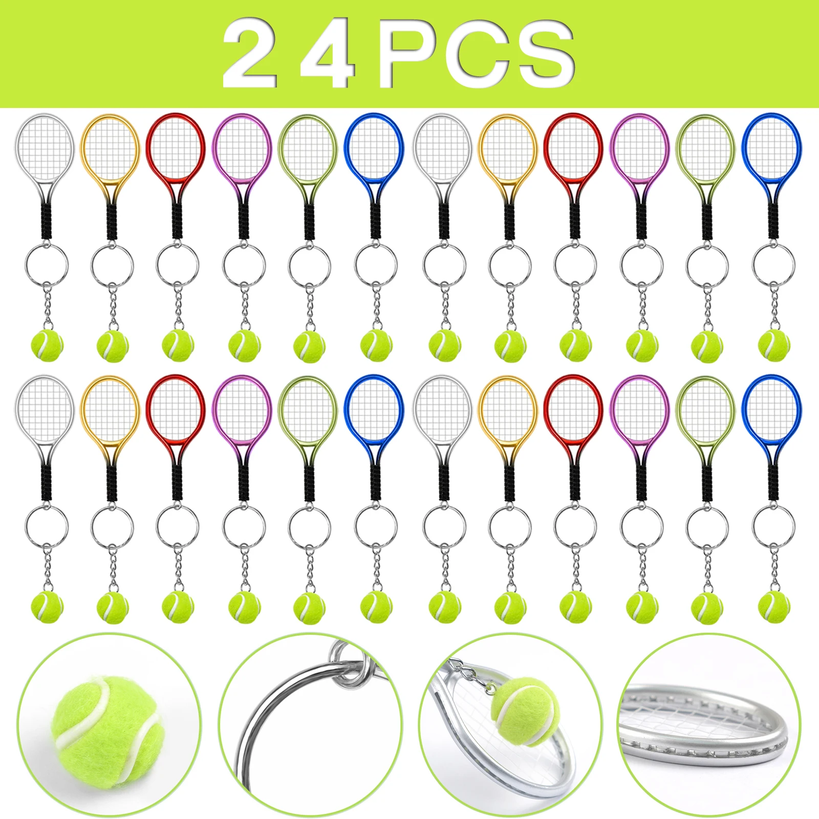 24Pcs Sport Mini Tennis Racket Pendant Keychain Keyring Key Chain Ring Finder Holer Accessories Gifts for Teenager Fan